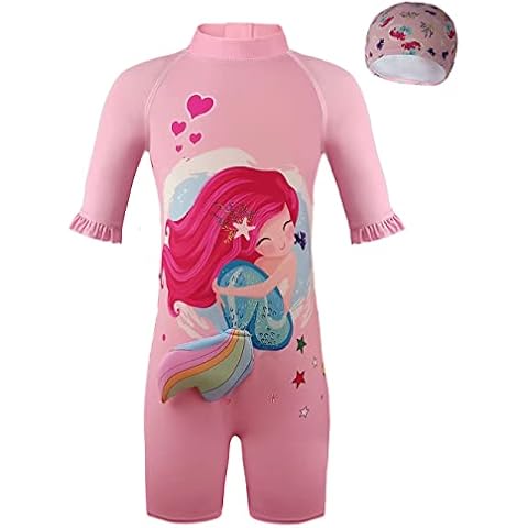 Aduya Girls Swimming Costume Kids UV Swimwear Toddler Mermaid Swimsuit Childs Rush Guard Beach Holiday Swim Wear with Cap Pink 3-4 Years Cover