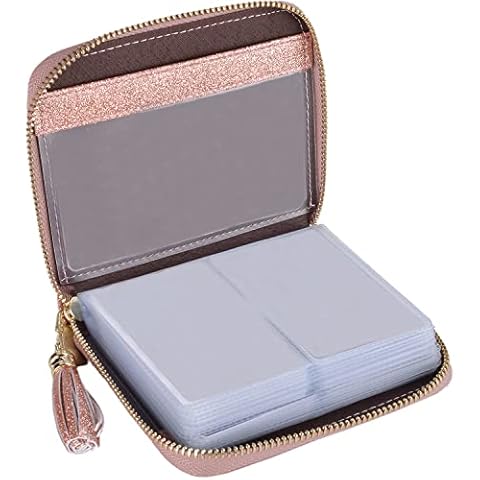 Womens Genuine Leather Zip Credit Card Holder Wallet RFID Blocking 40 Card Slots (Glitter Gold) Cover