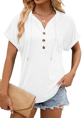 isermeo Womens Oversized Short Rolled Sleeve Summer Hoodie T Shirt 2024 Trendy Henley Button Tshirts S-XXL