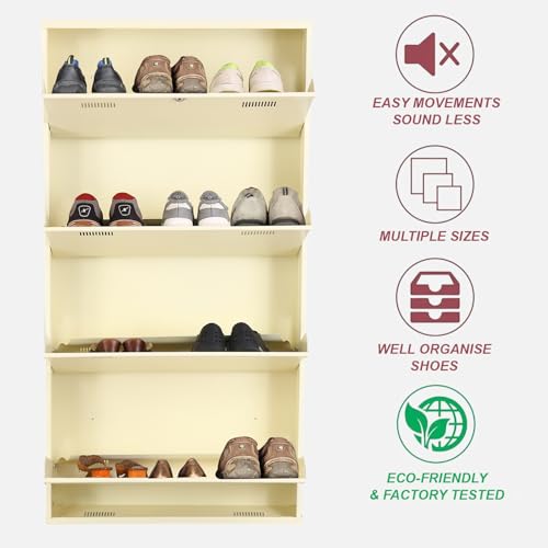 Image of Metal Shoe Rack Wall Mounted for Home with Central Locking | 4 Door 28 inch Wall Mounted Metal 12 Pair Shoe Rack Cabinet | Pre-Assembled Rack Shelves | 3 Year Warranty (Ivory)