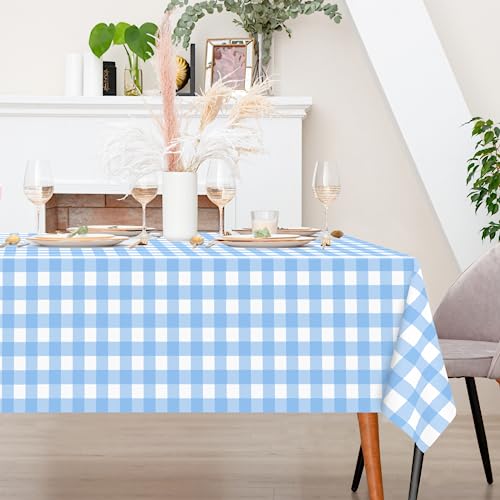 Image of 3 Pack Light Blue Gingham Tablecloth Rectangular Pale Blue and White Checkered Tablecloths Disposable Plastic Plaid Table Cover for Parties, Outdoor Picnic, Birthday, Wedding, Camping 54 x 108 Inch