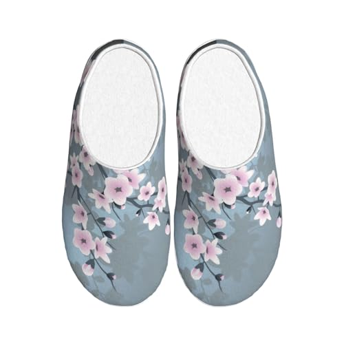 Floral Cherry Blossom Dusty Pink Blue Full Print Flannel Slippers，Soft Warm Upper, Anti-Slip TPR Sole, for Casual Use