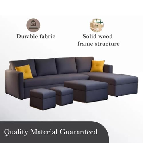 Image of FURNY Arno 8 Seater Fabric RHS Sectional L Shape Sofa Set with 1 Centre Table & 2 Ottomans (Dark Grey Color)