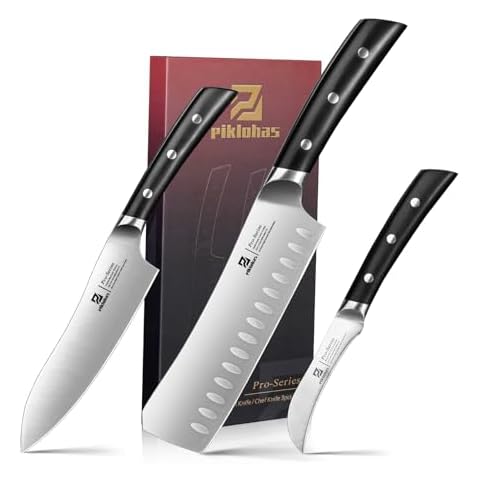 Piklohas Kitchen Knife Set, 3 Piece German High Carbon Stainless Steel Professional Chef Knife, Nakiri Knife, Bird Knife, Razor Sharp Cutting Knife With Forged Ergonomic Handle Elegant Gift Box Cover