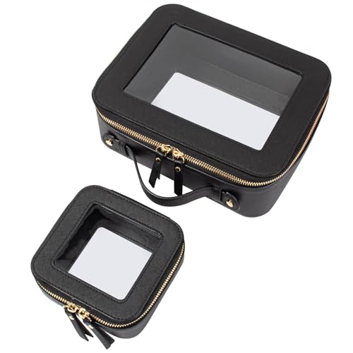 Image of Clear Makeup Bag Set, Portable Travel Toiletry Bag Cosmetic Case for Women, Vegan Leather Make up Pouch Organizer Car Bag for Essentials (Mini+Large Black)