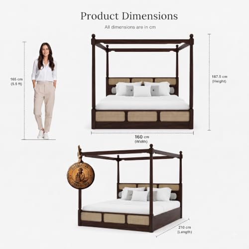 Image of Sheesham Solid Wood Allure Poster Bed for Bedroom | Handmade Wooden Cot | Elegant Four Poster King Size Bed Frame (Walnut, Queen, Allure with Storage(Cane))