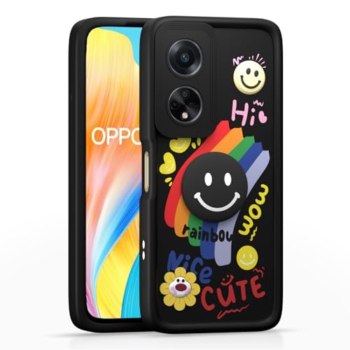 Image of Pikkme Back Cover for Oppo F23 5G | Soft Silicone| Cute Rainbow Smile & 3D Cartoon Flower Design | Shockproof Raised Camera Protection Bumper Case (Black)