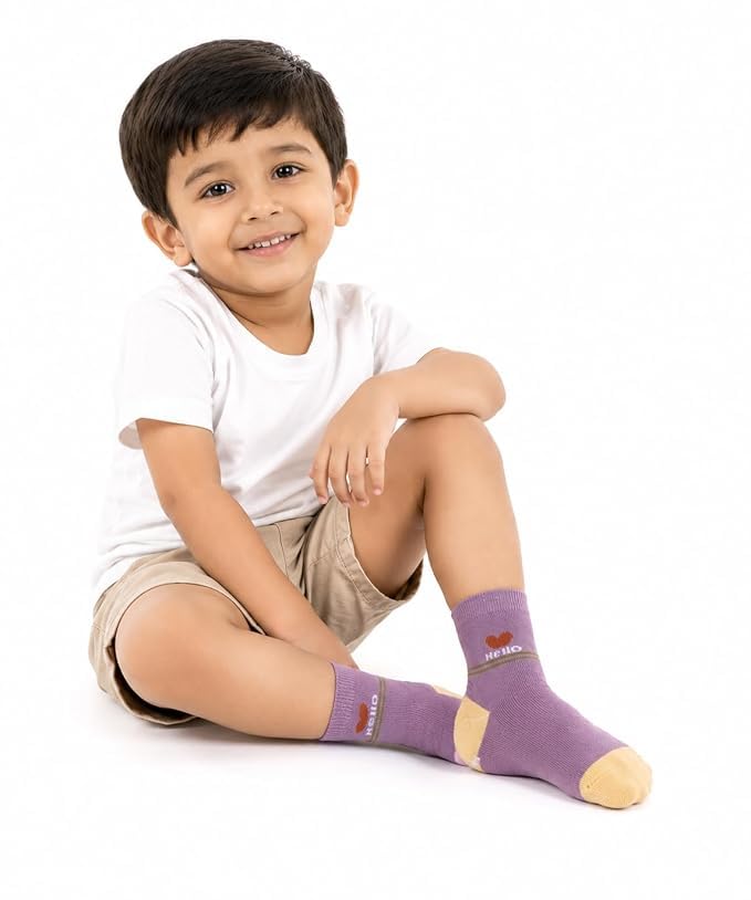 Image of Kids Cotton Crew Socks for Boys & Girls (3-5 Years) | Soft Breathable Cotton Blend Daily Wear Socks | Bear Love & Hello Print | Comfortable Crew Length | Pack of 6 | Multicolour
