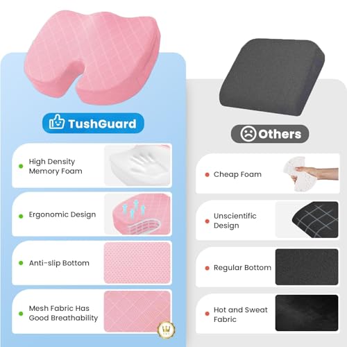Image of TushGuard Office /Car Seat Cushion, Non-Slip Sciatica & Back Coccyx Tailbone Pain Relief Chair Pad, Memory Foam Butt Pillow for Computer Desk, Wheelchair, Driving (Pink)