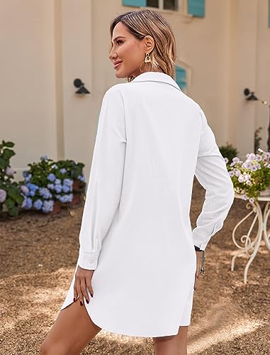 Hotouch Womens Button Down Shirt Casual Dress Long Sleeve Beach Shirts Tunic Blouse Top With Pockets (White, M) #TOP5