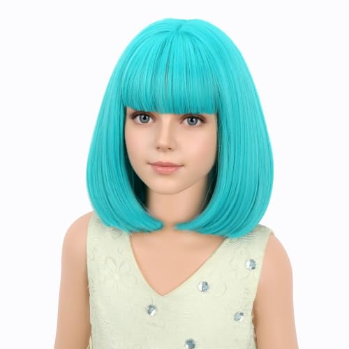 Image of PATTNIUM Kids Teal Blue Bob Wig with Bangs Short Blue Wig for Girls Light Blue Wig Cosplay Costume Hair Wigs Synthetic Wig