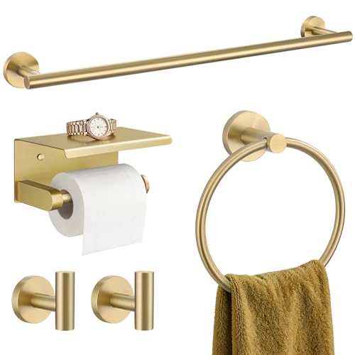 TURS Brushed Gold 5-Piece Bathroom Hardware Set Towel Bar Set SUS304 Stainless Steel Towel Racks for Bathroom Wall Mounted, 23.6-Inch
