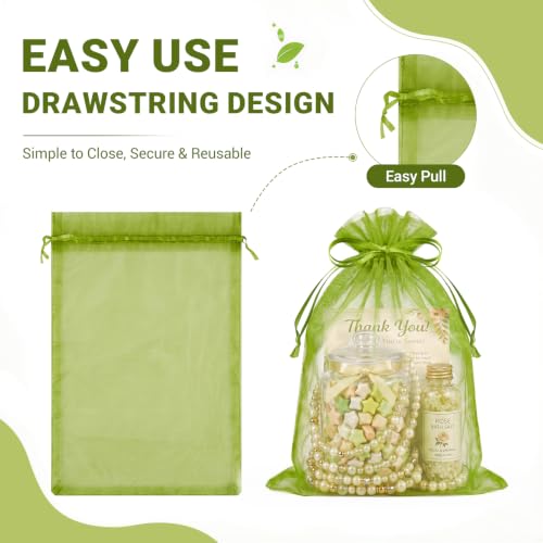 Image of FUNFERY 100PCS Green Organza Gift Bags 5x7in,Drawstring Pouch for Jewelry