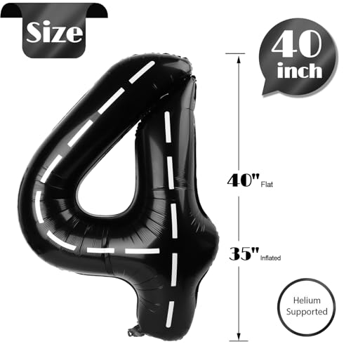 Image of Race Car 4 Balloon, Number Balloons 40 Inch, 4th Black Party Decorations, Racecar Birthday Decorations Four Large Numbers for Party Decor, Number 4 Balloon