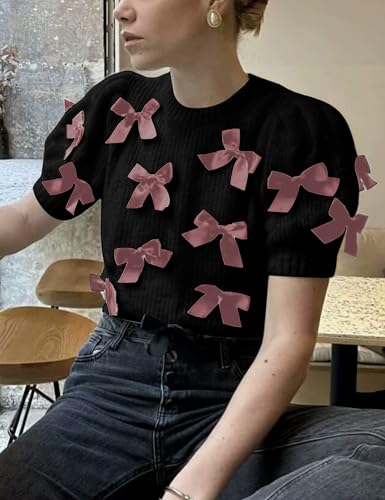 Women's Sweaters Knitted Crewneck Puff Bubble Short Sleeve Pullover Tops Casual Bow T Shirts Chic Blouses4