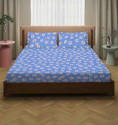 Image of la' amour Cotton Flat Double Bedsheets with 2 King Size Pillow Covers | Double Bed Breathable | Wrinklefree | Ultrasoft 180-220 tc Supersoft Floral | 90x90 Inches, Sky Blue White