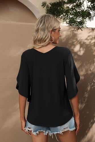 SUEANI Women's Tie Front Blouses V Neck 3/4 Split Sleeve Summer Knot Tops T Shirts2