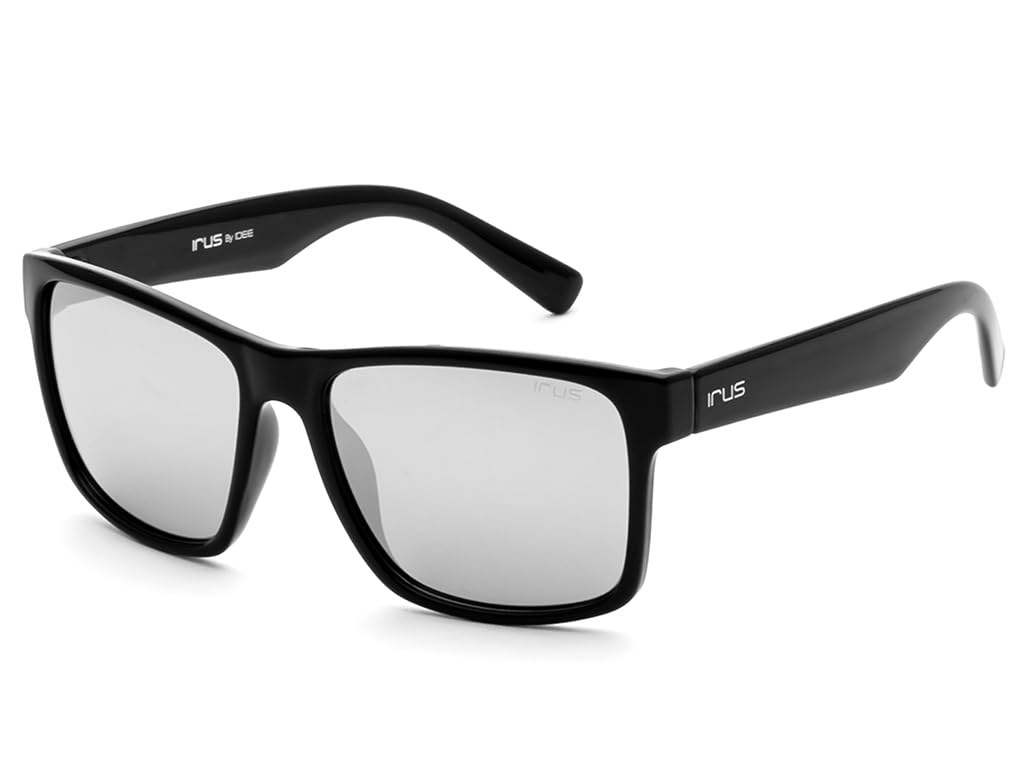 IRUSsunglasses| 100% UV protected | Solid Mirror | Full Rim | Square | Men | Large | Shiny Black Polycarbonate Frame | Silver Mirror-Smoke Polycarbonate Lens