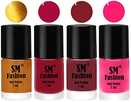 Image of Nail Polish Combo Set (Pack of 4) Quick Dry Gel Finish Nail Paint | Golden,Raspberry,Lip,Deep Pink | 7 ml Each