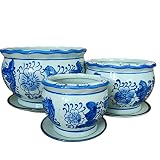 jdzjybqx Small Blue and White Porcelain Flower Pot Set of 3 Oriental Ceramic Flower Plant Pots Indoor with Porcelain Saucer for Garden and Indoor,Mini Flower Pot Set of 3