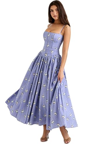 DABRORICESTAR Women’s Elegant Corset Maxi Dress Spaghetti Strap A Line Summer Wedding Guest Gown (US, Alpha, Small, Regular, Regular, Purple Floral)