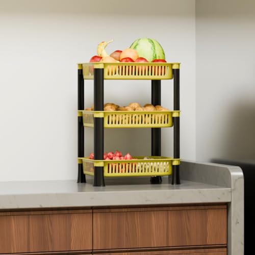 Image of Multipurpose Foldable Plastic Storage Rack Basket Stand for Home, Office and Kitchen (Yellow, 3 Layer)