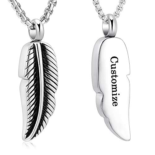 Oinsi Stainless Steel Feather Urn Necklace Hold Cremation Ashes Keepsake Memorial Jewelry +Box+Fill Kits (Customize)