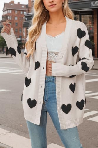 Image of Women Love Heart Graphic Oversized Sweaters Valentine Cute Cardigan Open Front Button Kawaii Preppy Aesthetic Clothes