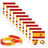 KIT DE ANIMACIÓN COMPLETO: Incluye 10 hojas de tatuajes temporales con diseños de la bandera de España y 2 pulseras de silicona de 2.5cm de ancho. Es el set ideal para equiparte totalmente y compartir la pasión por el equipo nacional con amigos y familiares durante los días de partido.