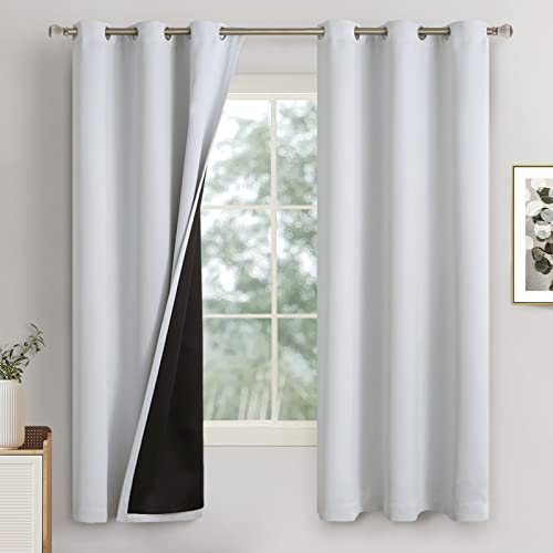 Image of QUEMAS 100% Blackout Curtains 63 Inch Length for Bedroom 2 Panels, Bedroom Curtains Thermal Insulated Light Blocking Soundproof Grommet Room Darkening Window Curtains, Each 42 Inch Wide, Greyish White