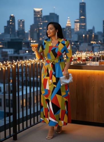 Image of FANDEE Maxi Dress for Women, Casual V Neck 3 /4 Sleeve Long Dresses with Pockets