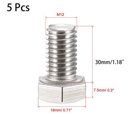 Image of 5 Pcs M12 Hex Bolt M12-1.75 x 30mm UNC Hex Head Screw Bolts A2-70(304) Stainless Steel Fully Threaded Hex Tap Bolts,Plain Finish,Fully Threaded (M12 x 30mm)