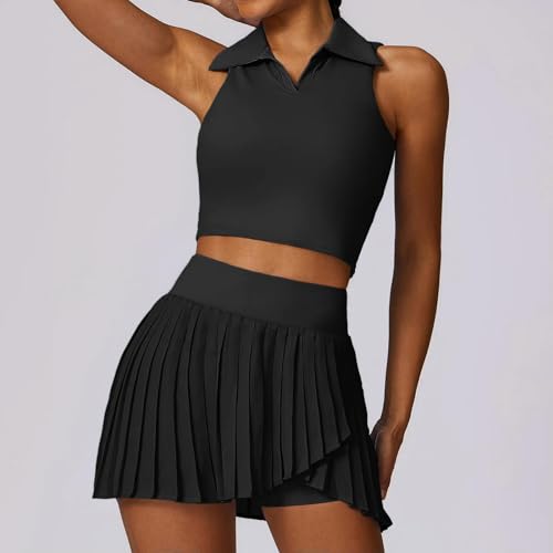 VCODWCSJO Conjunto de Falda de Tenis de Yoga de 2 Piezas Ropa Exterior de Gimnasio Running Fitness Mujer Golf Dance Bádminton Falda Sexy-Gama Alta Negro-M