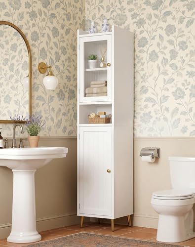 Homkdom 69.1' Tall Bathroom Storage Cabinet, Narrow Storage Cabinet with 2 Doors, Floor Cabinet for Bathroom, Kitchen, Adjustable Shelves for Small Space, White