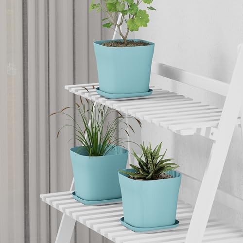 Image of StyleX Store Pack of 3 Square Plastic Flower Pot with Tray | Modern Indoor Outdoor Planter for Home Balcony Garden Office | Durable Lightweight Planter Pot | 6 Inch, Blue