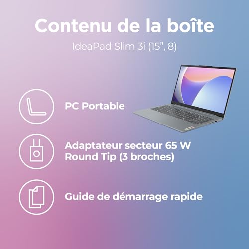 Lenovo IdeaPad Slim 3 15IRU8 - Ordinateur Portable 15.6'' FHD (Intel Core i3-1315U, RAM 8Go, SSD 512Go, Intel UHD Graphique Intégrée, Windows 11 Home) Clavier AZERTY Français - Gris