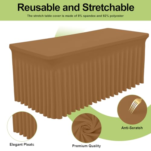 Image of Smiry 2 Pack Spandex Elastic Fitted Table Cloth Skirt for 8FT Table | Stretch Washable Table Cloth, Banquet Table Cover for Wedding, Party, Indoor & Trade Shows, (Brown, 96Lx30Wx30H)