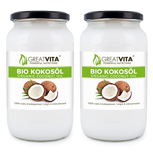 GreatVita Bio Kokosöl, nativ, (2 x 1000 ml) im Glas zum Kochen Braten Backen Hautpflege