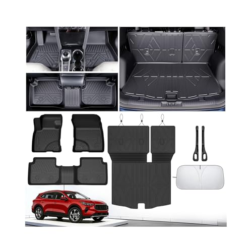 Runine Floor Mats for Ford Escape 2020-2023 2024 2025 2026 (Not for Hybrid) All Weather Protection Custom Floor Mats Trunk Cargo and Car Windshield Cover Set for Car Accessories Car Floor Liners Set
