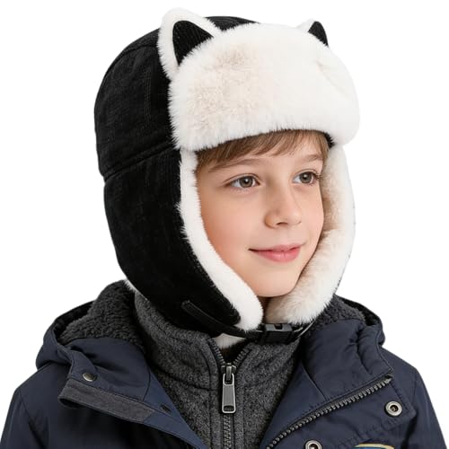 ITODA - ITODA Enfants Chapka Chapeau d'hiver avec Oreillette Protéger Oreilles Bonnet d'aviateur Russe en Velours Casquette Épais Thermique Chapeau de Ski Extérieur pour Filles et Garçons 6-14 Ans, Noir - -4%