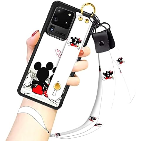 cuwana Cartoon Case for Samsung Galaxy S20 Ultra Case 6.9 Inch Cute White Mickey Mouse Cartoon Character Design with Lanyard Wrist Strap Band Holder Shockproof Protection Bumper Kickstand Cover Cover