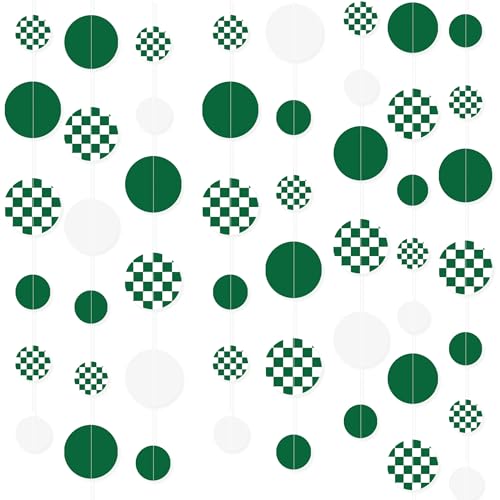 Image of Green Party Decorations White Green Checkered Circle Dots Streamer Hanging Paper Polka Dot Garland for Birthday Wedding Shower Bachelorette Christmas Dinosaur Arbor Day Picnic Golf Party Supplies