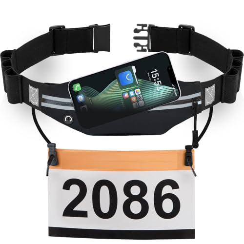 RJ-Sport Laufgürtel für Handy - wasserdichte Lauftasche Sportgürtel Hüfttasche Triathlon Startnummernband Laufgurt mit Bauchtasche & Verstellbarem Gummiband & Nummernhalter &6 Gel-Halter (Schwarz)