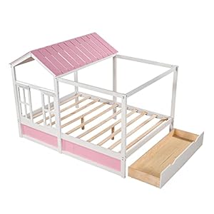 Merax Kids House Beds Frame with Drawer Full Size, Fun Wood Storage Platform m Bed for Boys,Girls, No Box Spring Need (Full,Pink Merax Kids House Beds Frame with Drawer Full Size Fun Wood Storage Platform m Bed for BoysGirls No Box Spring Need FullPink