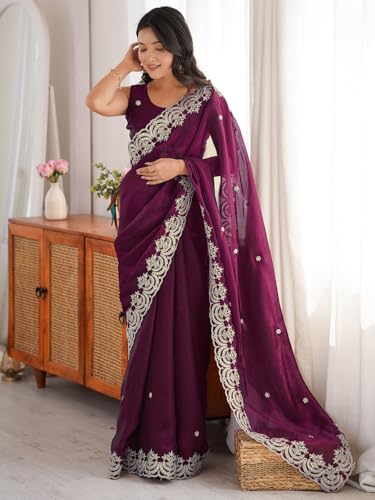 Image of SIRIL Women's Tissue Silk Sequence Embroidery Saree With Unstitched Blouse Piece