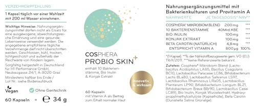 Probio Skin Kapseln Hochdosiertes Probiotikum Vegan I Probiotika & Präbiotika - Angereichert mit Bio Inulin, Vitamin A und Konjak Wurzelextrakt - 60 Kapseln