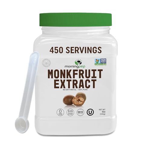 Morning Pep 100% Pure Monk Fruit extract sweetener, No Erythritol, Monkfruit Extract Powder, NON-GMO Project Verified, Keto Certified, OU kosher, No Fillers Zero Calories | Over 450 Servings | 5 oz
