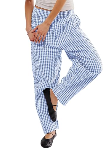 Image of YKR Plaid Pants for Women Gingham Lounge Wide Leg Low Waist Pajama Pants Elastic Waist Trousers with Pocket
