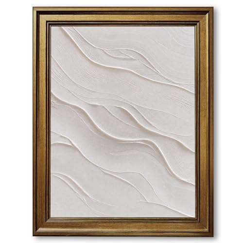 Framed Minimalist White Texture Wall Art Canvas Print, Abstract Wavy
