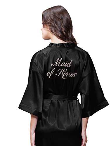 Turquaz Maid of Honor Women's Satin Kimono Rhinestone Robe for Bridesmaid and Bride Wedding Party